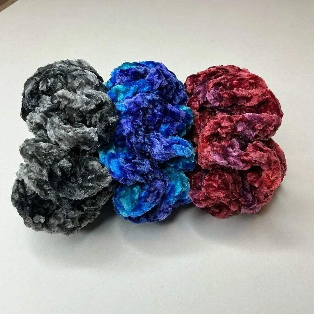 Crochet Crushed Velvet Scrunchie Set of 3 Oversized Hair Tie Plush Handcrafted